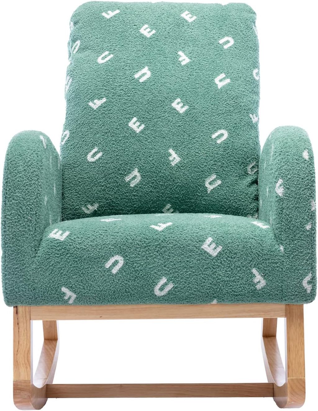 Setawix Teddy Rocking Chair for Nursery, Midcentury Modern Accent Rocker Armchair with Side Pocket, Upholstered High Back Wooden Rocking Chair for Living Room Baby Room Bedroom (Green Alphabet)