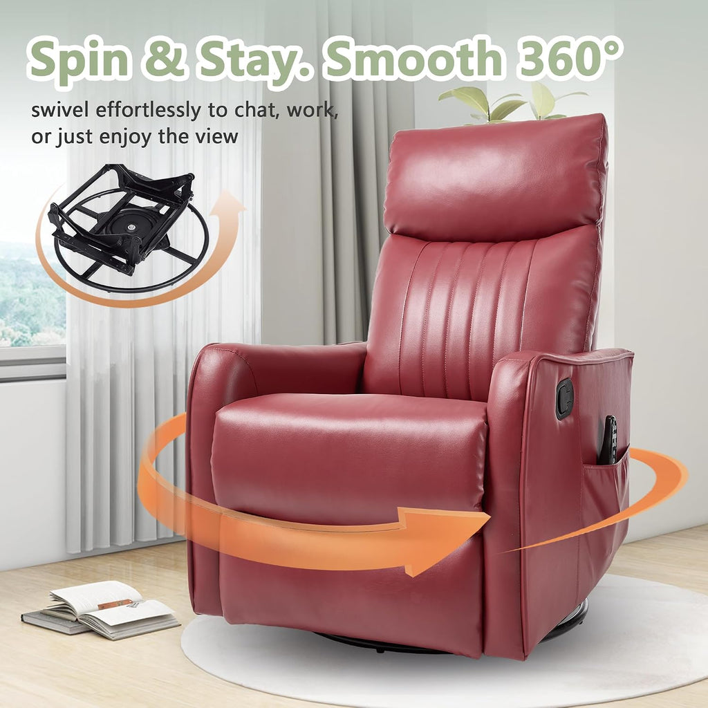 cinkehome Heated Massage Swivel Rocker Recliner Chair for Nursery - Small Space Reclining Chair with Lumbar Support, 360° Swivel & Gentle Rocking, Ergonomic High Back Faux Leather Red