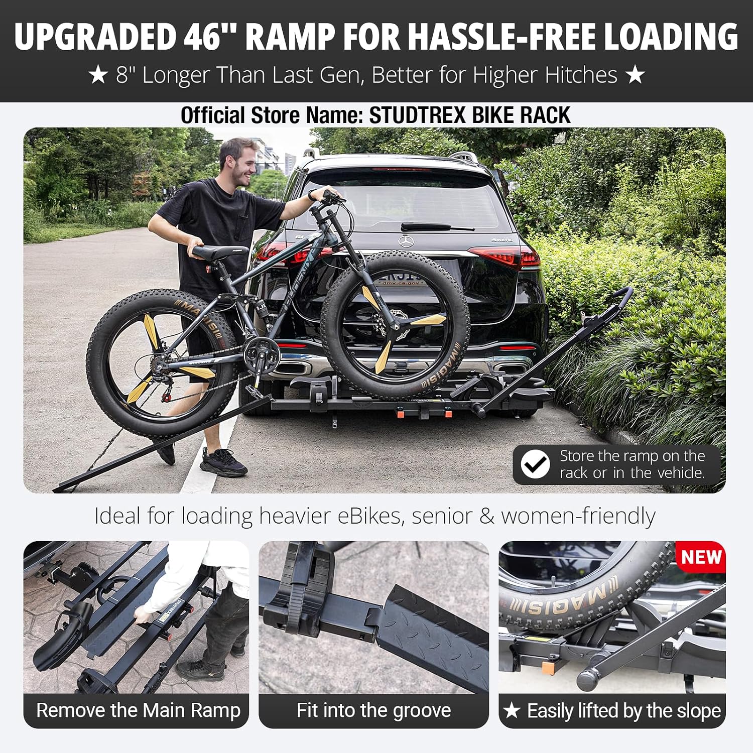 TrailV2 Plus Hitch 2 Ebike Rack with Ramp, Tilt, Fold, Anti-Theft Hitch & Wheel Locks, Heavy Duty 170 lbs Capacity, Fits 2' Receiver, Max 5' Fat Tires, Electric Bike Rack for Car, SUV, Truck, RV