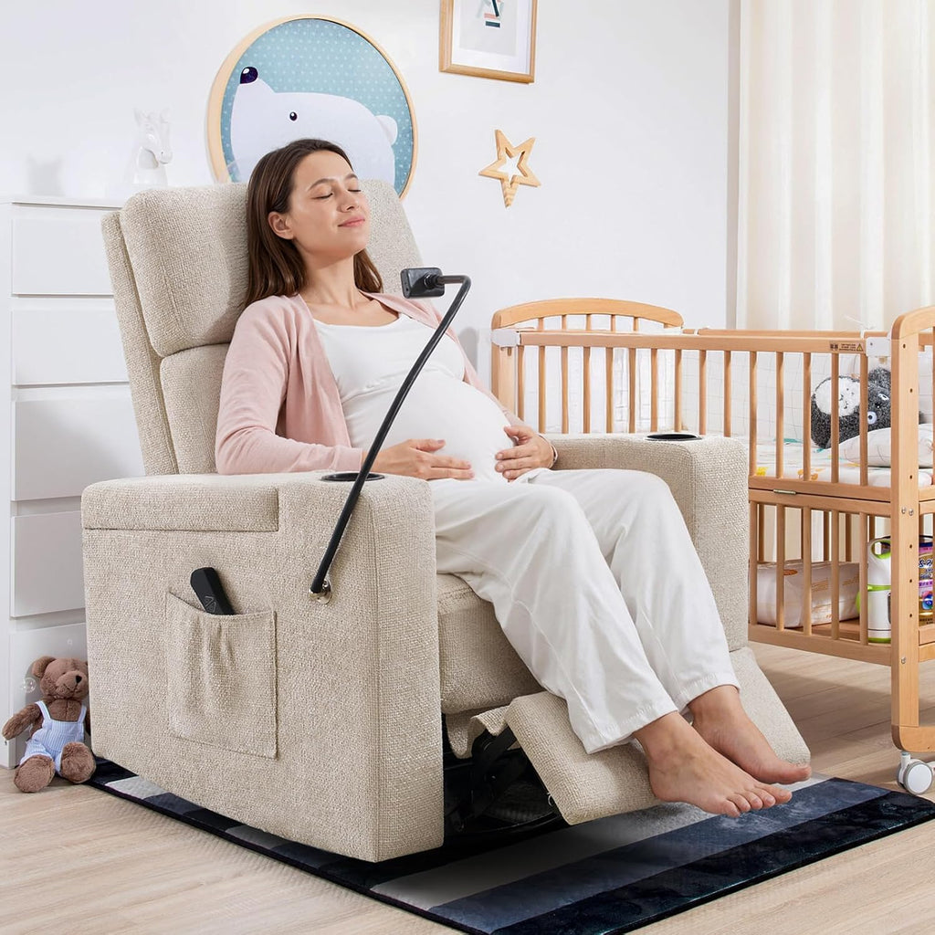 Power Swivel Glider Rocking Chair Nursery, Skin-Friendly Premium Chenille Electric Glider Rocker Recliner Chair with Armrest Storage, USB A&C Ports, Cup Holder, Phone Holder, Chenille Beige