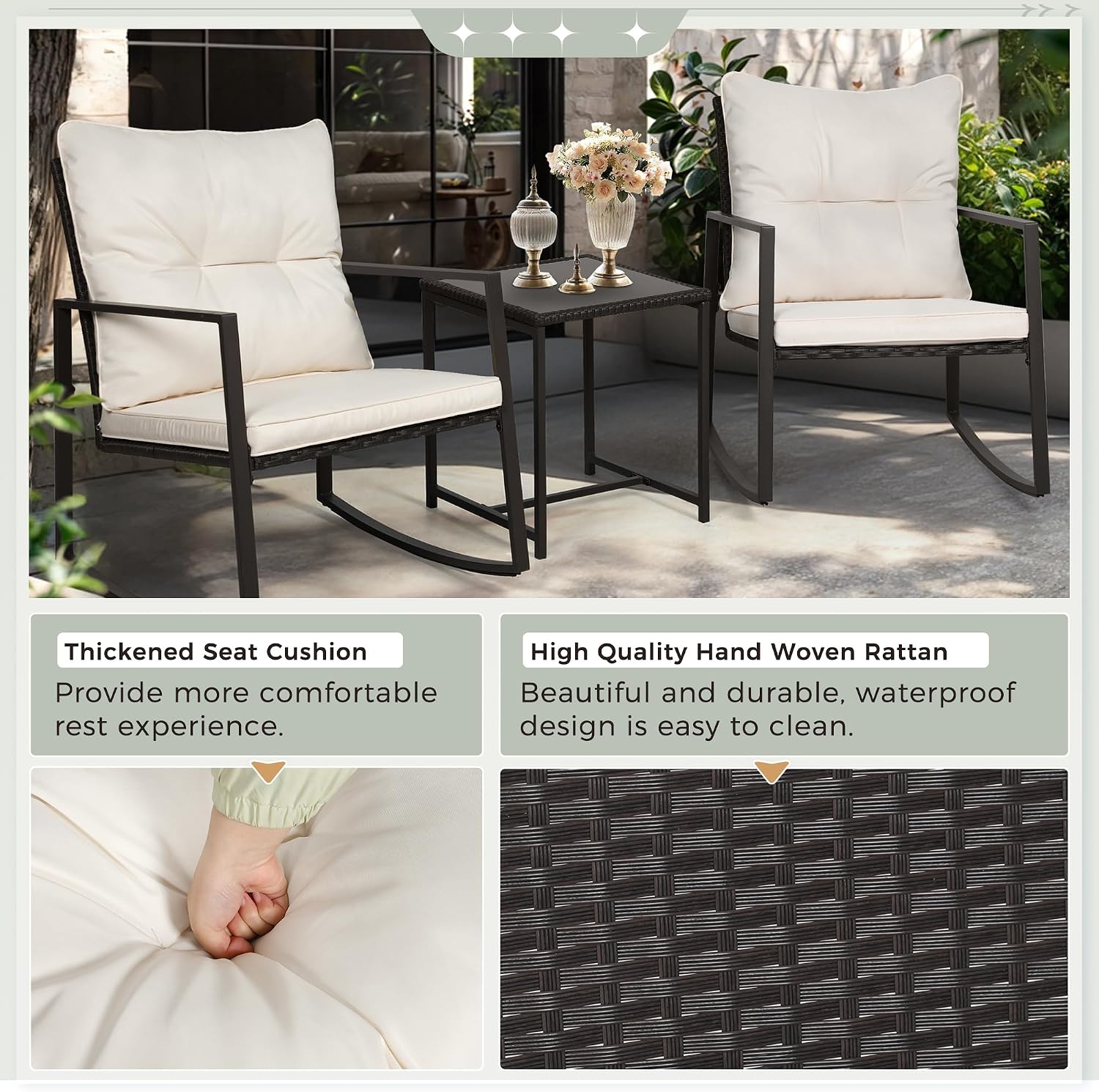 SUNCROWN 3 Piece Outdoor Rocking Bistro Set Black Wicker Furniture Porch Chairs Conversation Sets with Glass Coffee Table, Beige