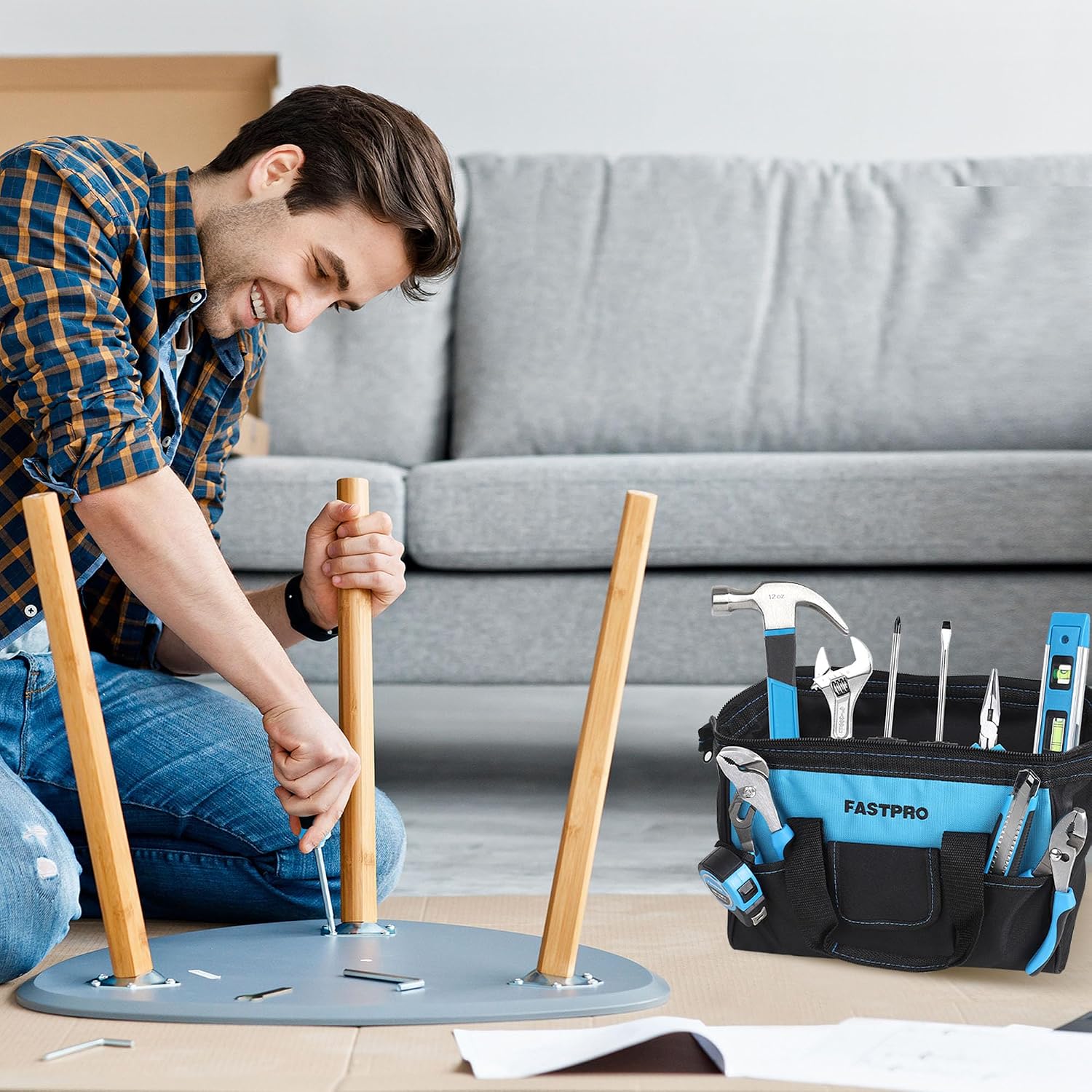 FASTPRO 232-Piece Home Tool Set with Drill, 20V Cordless Drill Driver, Household Repairing Tool Kit with Drill, 12-Inch Wide Mouth Storage Tool Bag Included, Blue