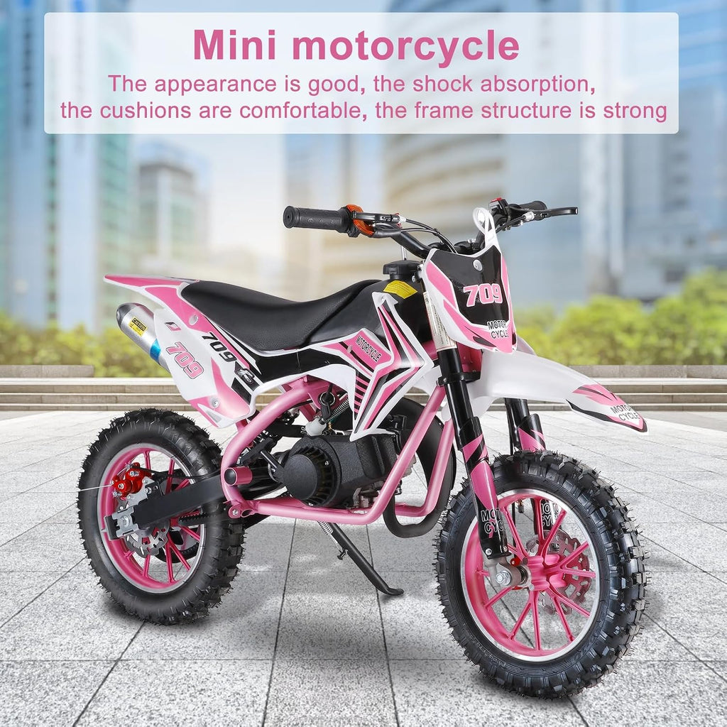 50cc Kids Dirt Bike 2-Stroke, Gas Power Motorcycle Off Road Motocross Gas Dirt Bike with Front Rear Disc Brakes for Beginner Motocross Bikes for Kids 8-12 (Max 30KM/H 150KG Load) Pink