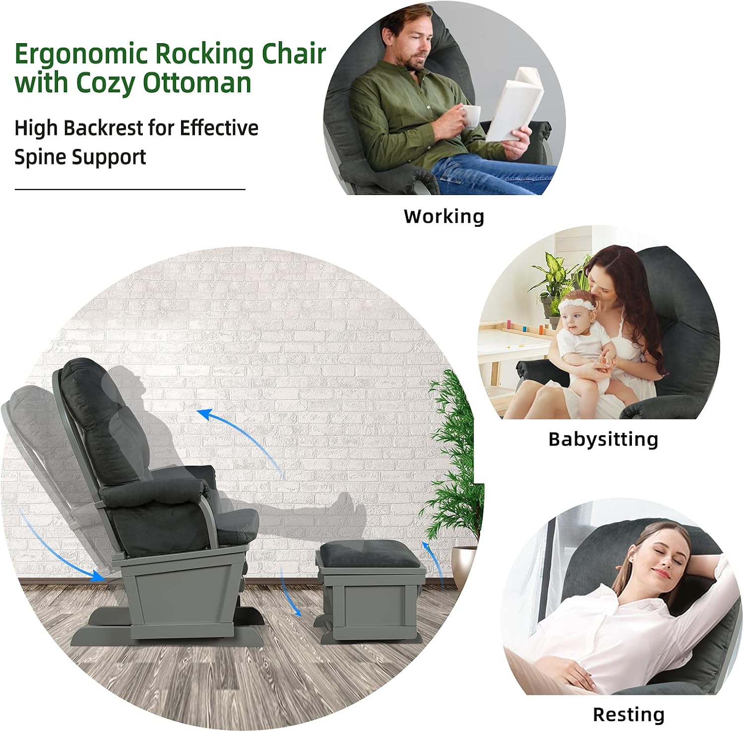 Costzon Baby Glider and Ottoman Cushion Set, Wood Baby Rocker Nursery Furniture for Napping, Nursing, Reading, Upholstered Comfort Nursery Chair w/Padded Armrests & Detachable Cushion (Dark Grey)