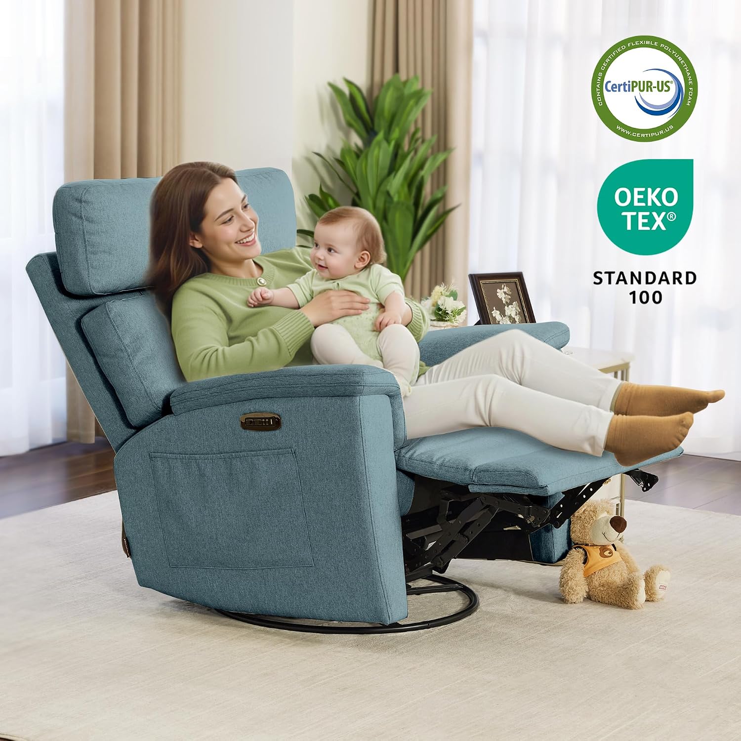 MCombo Oversized Swivel Glider Rocker Recliner with Adjustable Headrest, Dual Motor Power Recliner for Nursery, Led Nightlight, Fabric PR601 (Pacific Blue)