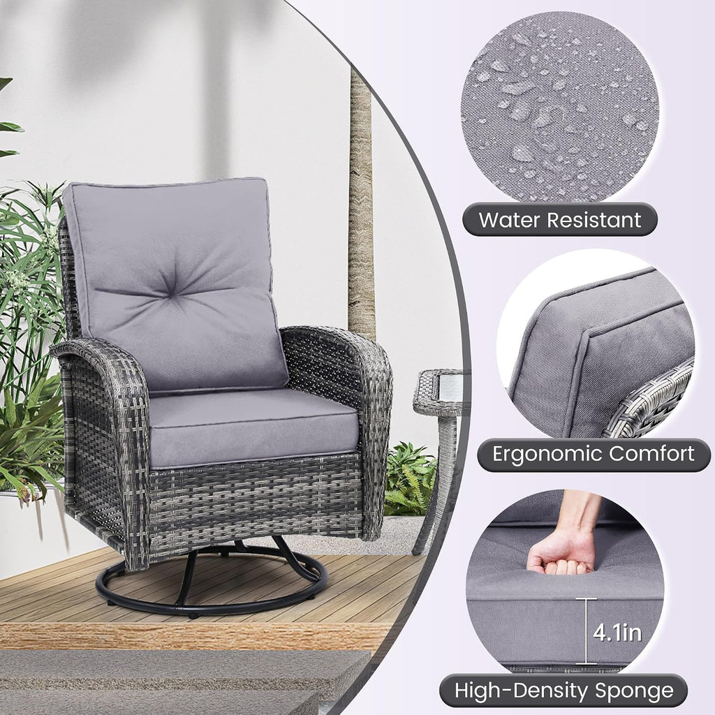 wildformers Luxury Outdoor Swivel Wicker Glider Patio Chairs with Table Set, Overstuffed Washable Cushions, Ideal for Porch, Balcony, Deck, Grey Rattan and Grey Cushion