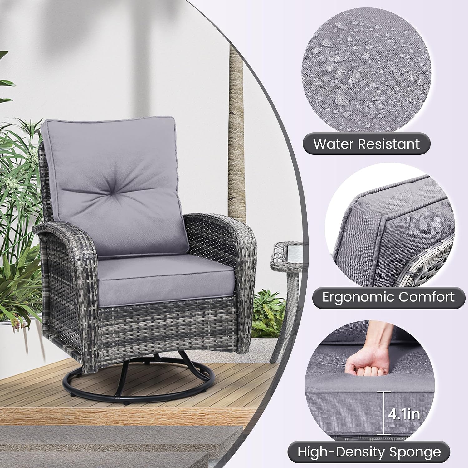 wildformers Luxury Outdoor Swivel Wicker Glider Patio Chairs with Table Set, Overstuffed Washable Cushions, Ideal for Porch, Balcony, Deck, Grey Rattan and Grey Cushion