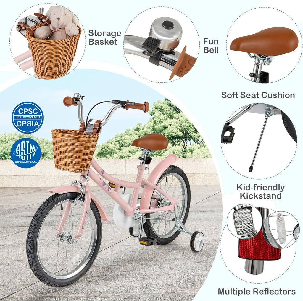 BABY JOY Retro Kids Bike, 12 14 16 18 Inch Child Bike for 3-8 Years Old w/Rattan Basket, Adjustable Height, Training Wheels, Fenders, Handbrake Coaster Brake, 95% Pre-Assembled Kids Bicycle for Girls