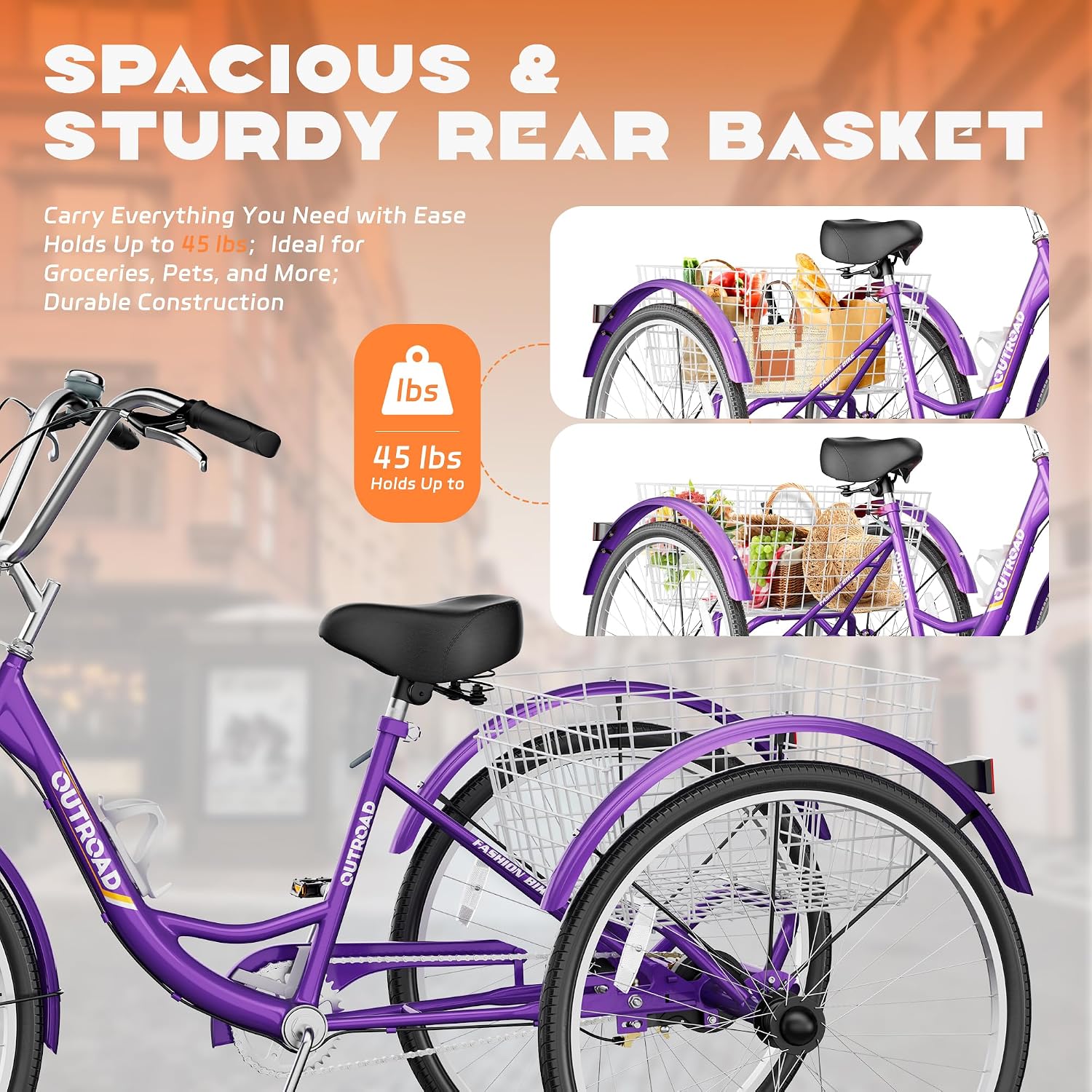 Max4out Adult Tricycle with Large Basket 24/26 Inch, Stable 3 Wheel Cruise Bicycle for Shopping, Beach and City Trike Perfect for Men, Women, Seniors（Blue/Purple/Red）