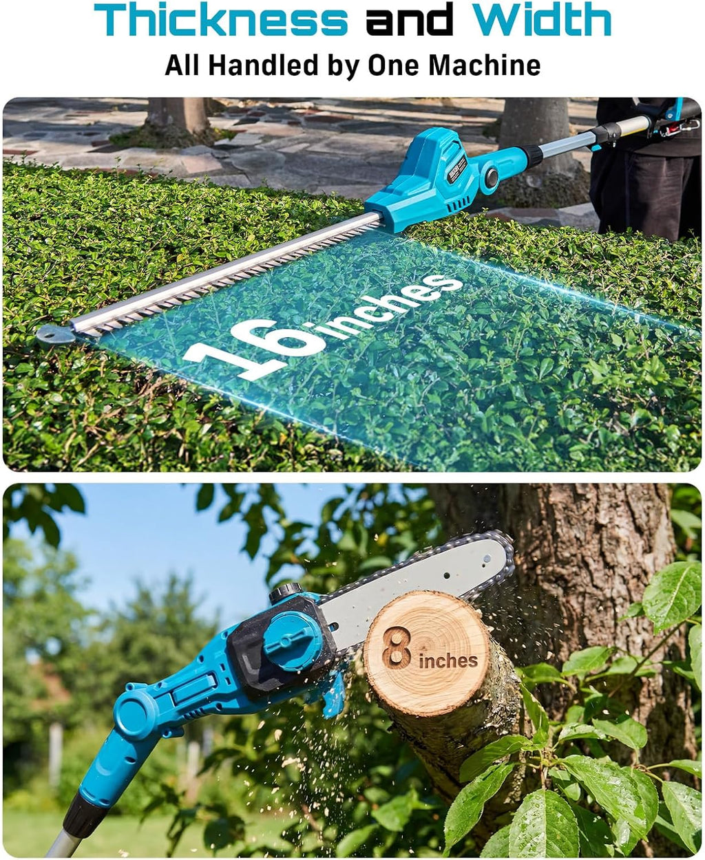 SEESII 2-in-1 Cordless Pole Saw & Hedge Trimmer Combo, 8' Electric Pole Chainsaw with 2×4.0 Ah Batteries, 16-Inch Extension Pole Hedge Trimmer, Bush Tree Pruner Limb Branch Cutter, 15ft Long Reach
