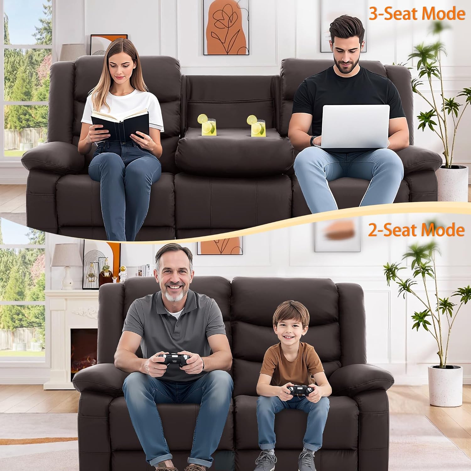Korser Recliner Sofa, Reclining Loveseat with Console, Oversized Reclining Couch with Drop Down Table, 3-Seater Sofa with Cup Holder and Recessed Power Strip, Brown