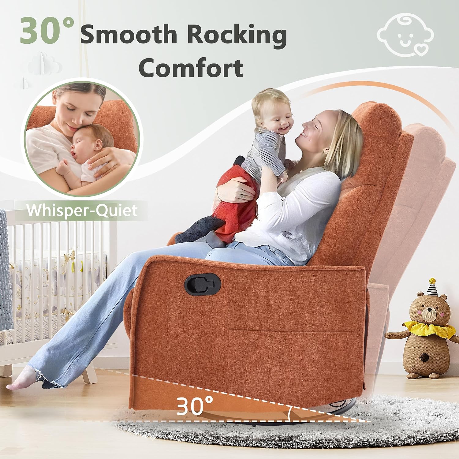cinkehome Swivel Rocker Recliner Chair with Heated Massage, Rocking Reclining Chairs for Nursery, Small Spaces, High Back, Side Pocket