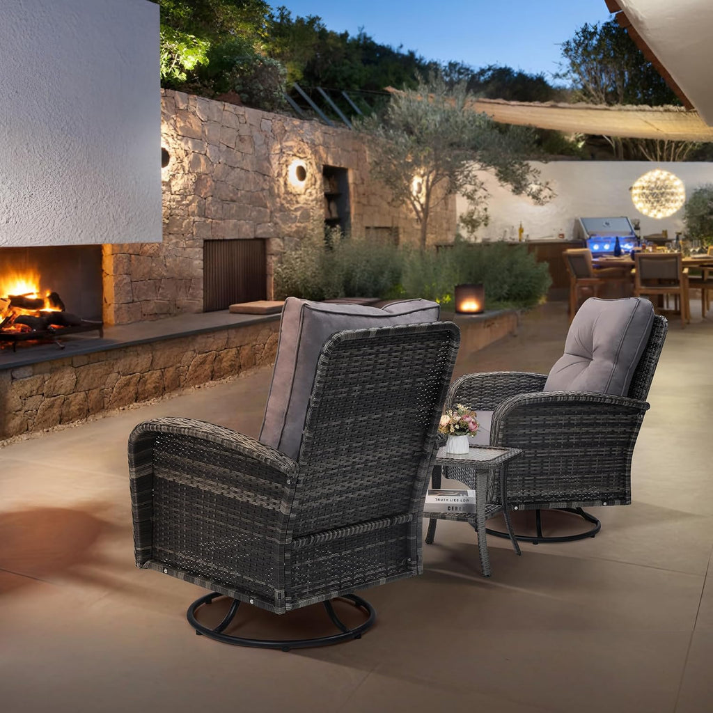 wildformers Luxury Outdoor Swivel Wicker Glider Patio Chairs with Table Set, Overstuffed Washable Cushions, Ideal for Porch, Balcony, Deck, Grey Rattan and Grey Cushion