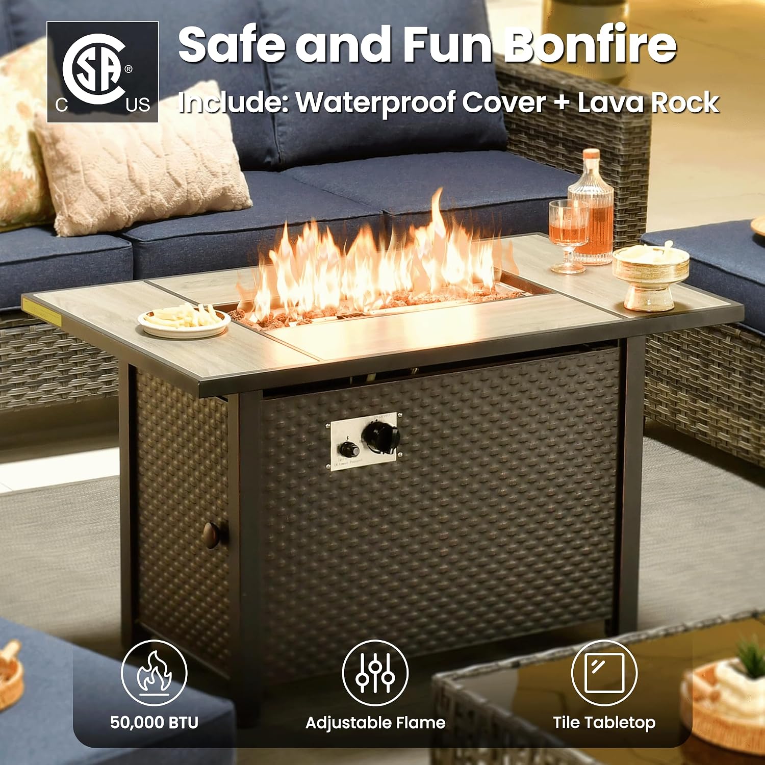 ovios 7 Pieces Patio Furniture Set with 42' Fire Pit Table, Outdoor Sofa Couch with Solar Lights Table Comfy Cushions, Modern Deep Seat Wicker Rattan Conversation Set, Denim Blue