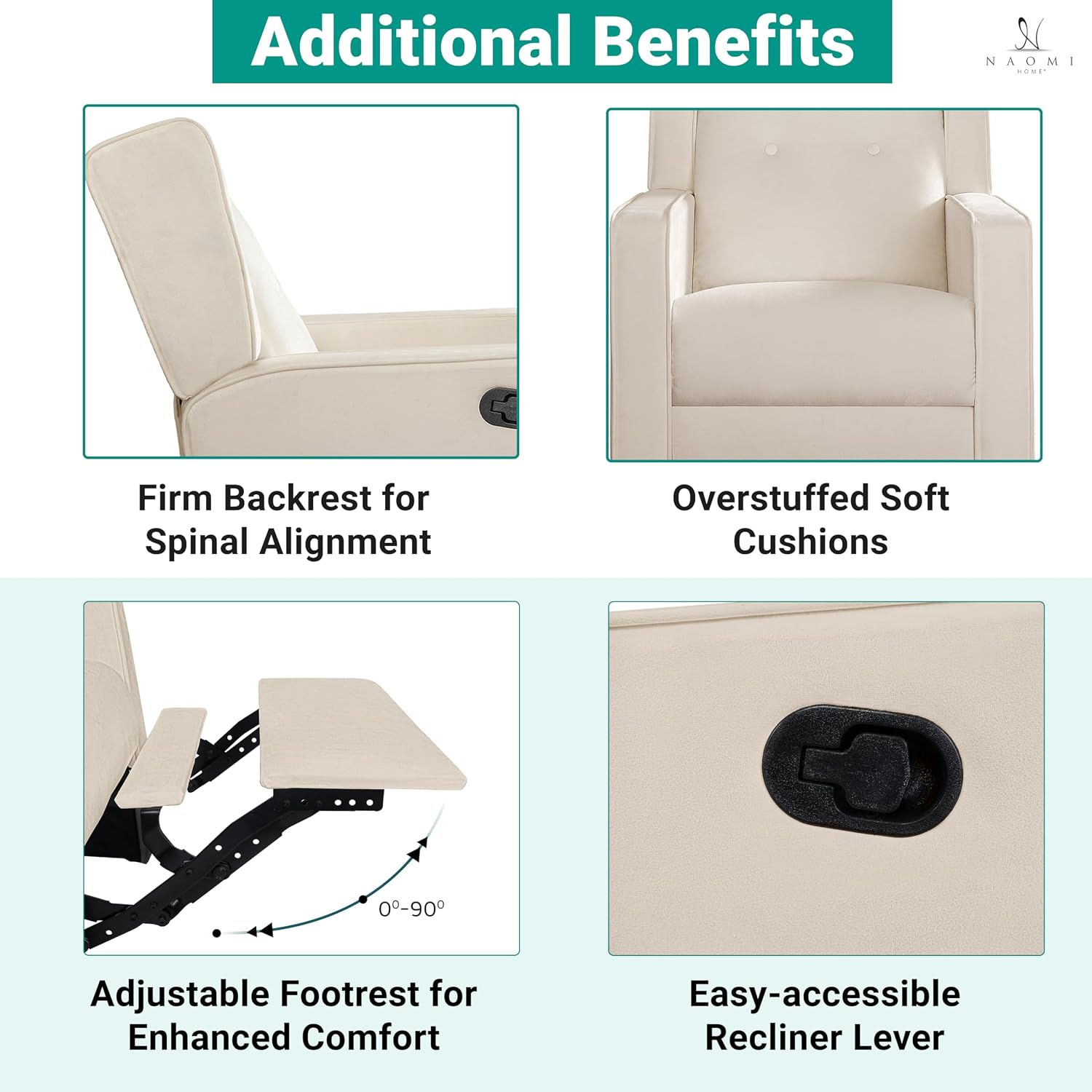 Naomi Home Nursing Chair for Breastfeeding and Bonding, 360° Swivel Rocker Recliner with Adjustable Recline Range, Ergonomic Lumbar Support, Adjustable Footrest, Easy Assembly, Soft Microfiber Fabric
