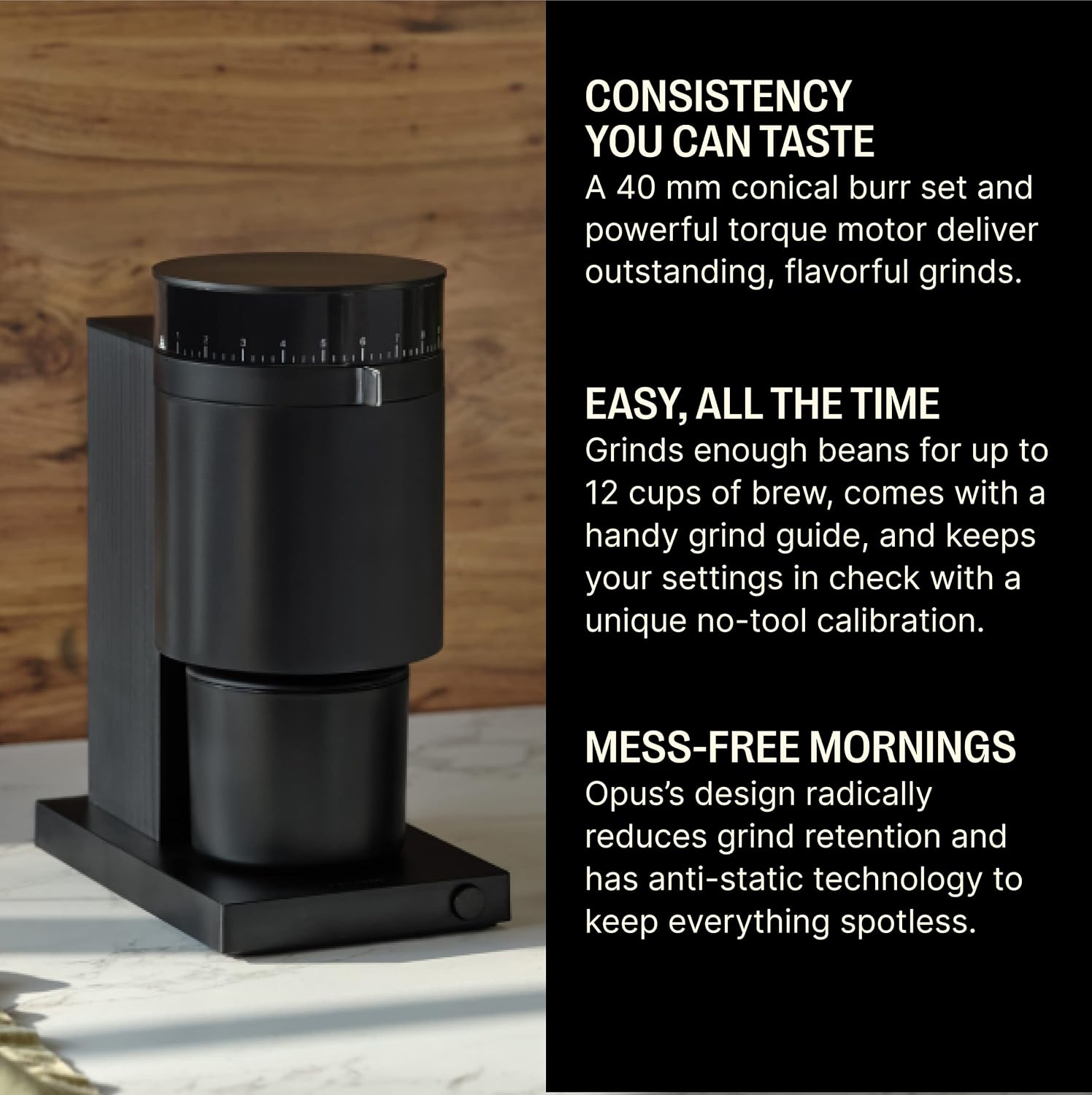 Fellow Opus Conical Burr Coffee Grinder – Electric Espresso Grinder for Home Use, 41 Adjustable Settings for Drip, French Press, Cold Brew & More, 40mm Stainless Steel Burrs, Matte Black