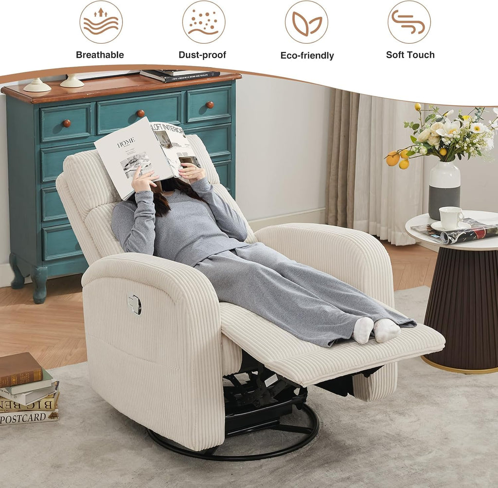 Swivel Rocker Recliner Glider Rocking Chair for Nursery, Corduroy Recliner with Chunky Cushion, Manual Swivel Recliner Chair for Living Room, Bedroom, Nursery(White)