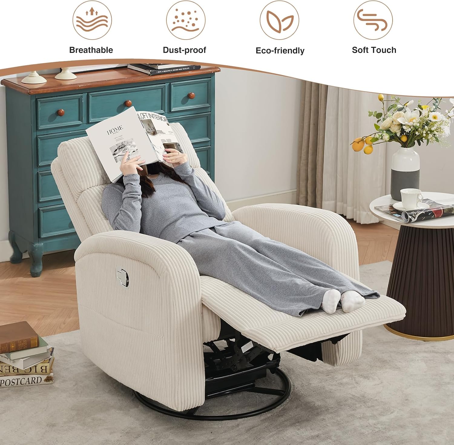 Swivel Rocker Recliner Glider Rocking Chair for Nursery, Corduroy Recliner with Chunky Cushion, Manual Swivel Recliner Chair for Living Room, Bedroom, Nursery(White)