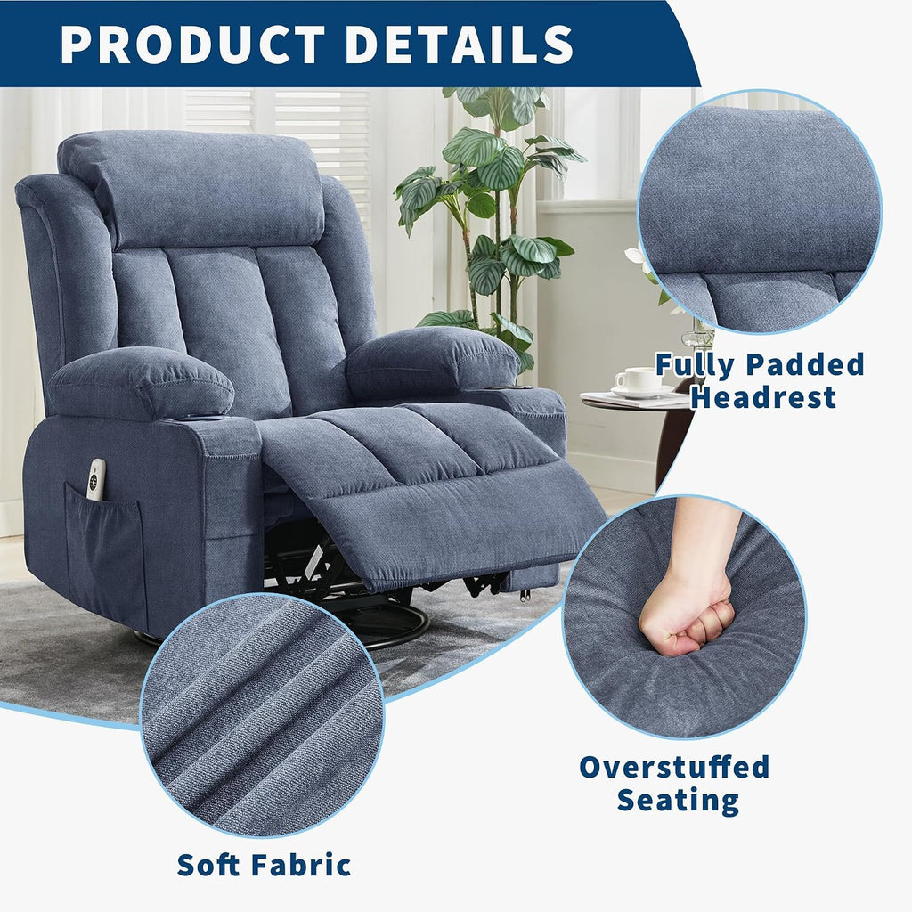 Oversized Swivel Rocker Recliner Chair with Heat & Massage, 3-Position Adjustable Nursery Recliner for Adults, Dual Cup Holders, Side Pockets, USB Charging Ports Blue