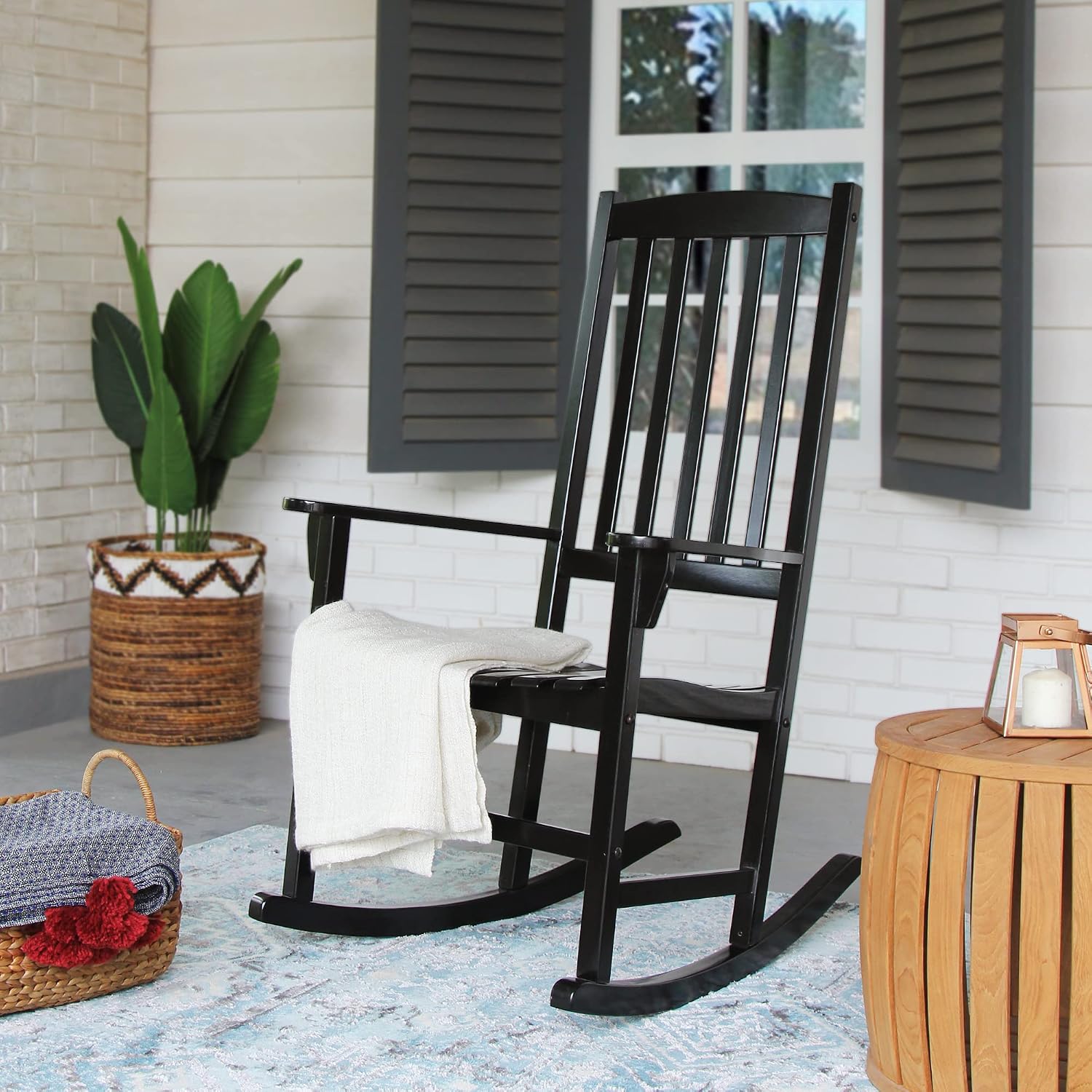 Cambridge Casual Bentley Solid Wood Porch Rocking Chair with Seat Pad, Black: Mahogany Outdoor Rocker with Cushion, Weather-Resistant Finish for Porch or Patio