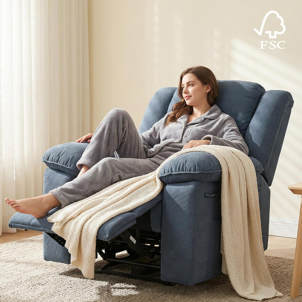 Softa Swivel Rocker Recliner Chair for Adults with Massage & Heat, 360° Swivel Manual Glider Recliner with Side Pocket, Compact Living Room Apartment Reclining Chair (Blue-Grey)