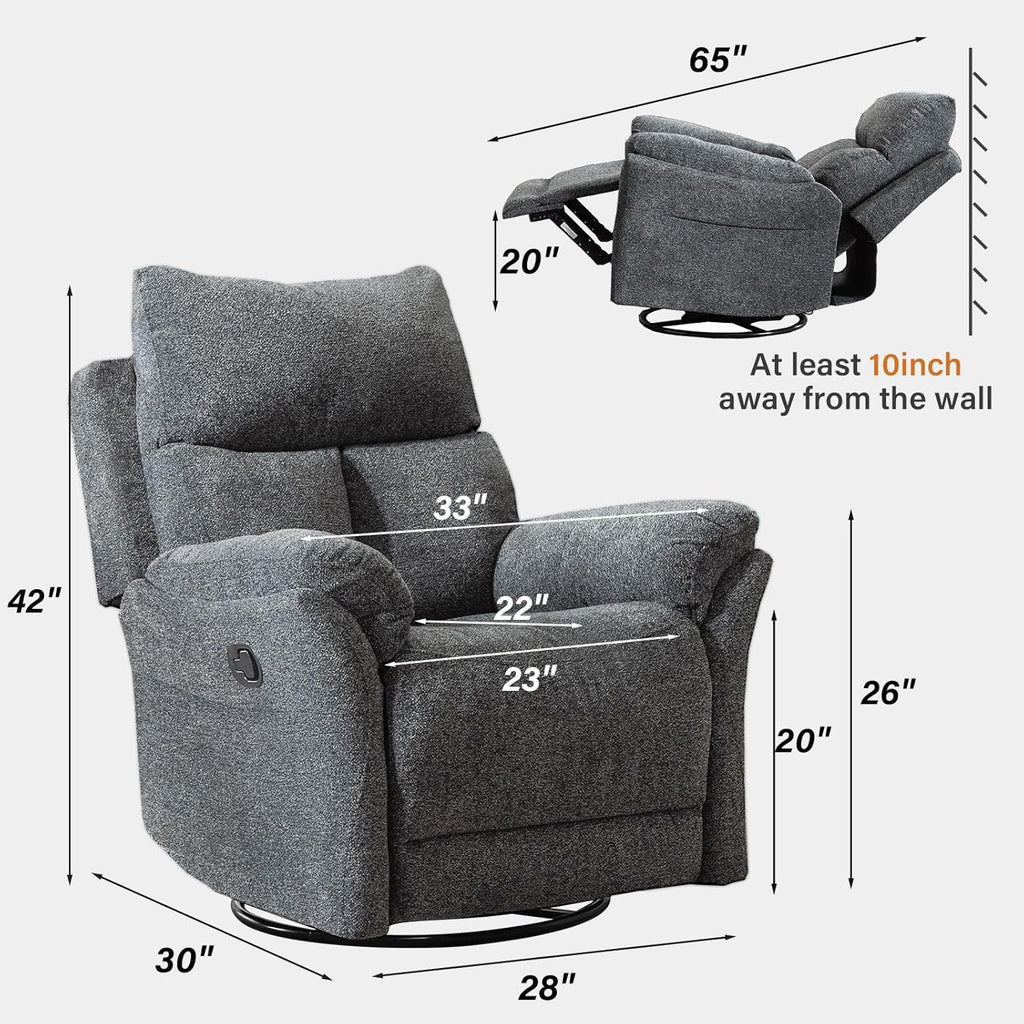 ANJ Swivel Rocker Recliner Chair Nursery Manual Glider Rocking Recliner Chairs for Adults, Fabric Rocking Chair Nursery, 360° Swivel Lazy Boy Recliner Chairs for Living Room, rv, Smoky Grey