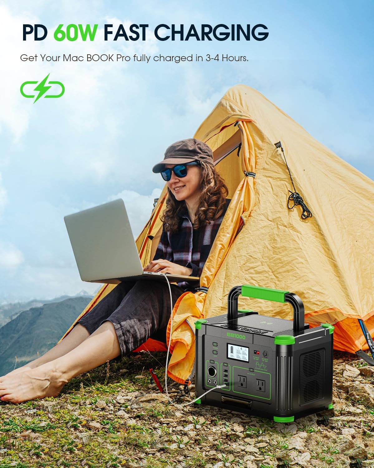 999Wh Solar Generator 1000W (Peak 2000W), Portable Power Station with Pure Sine Wave AC Outlet, 60W USB-C PD Fast Charging, 10-Port Hub for RV Camping, Home Backup, Emergency & Off-Grid Living