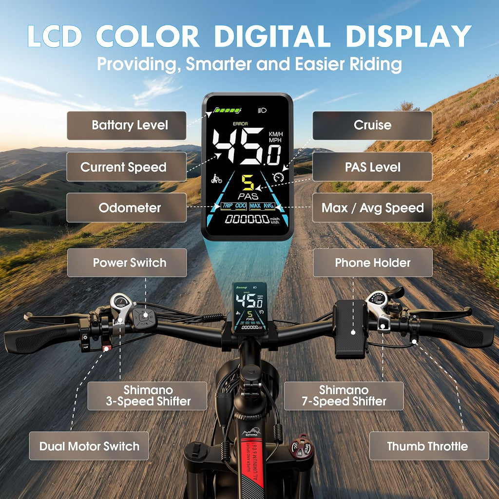 DATAONA 6500W Electric Bike for Adults: 45MPH Fast Dual Motor EBike, 24' 26' Fat Tire Electric Bike, 52V 32AH Battery Up to 100 Miles, Hydraulic Disc Brake E Bicycle for Mountain Off-Road Commuter