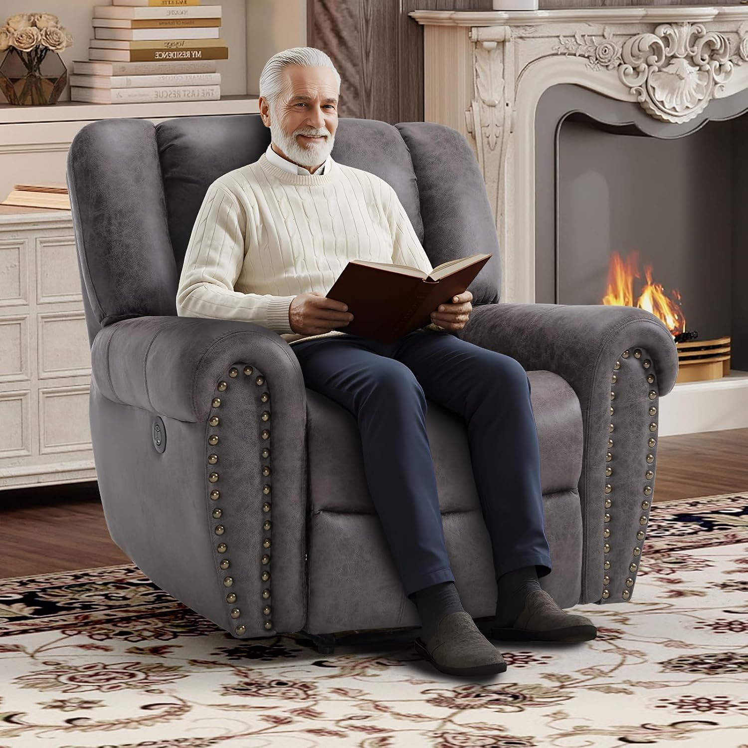 Bonzy Home Power Recliner Chair, Soft Faux Leather Recliner Chair with Thickened Padding and USB&Type-C Charging Ports, Classic Heavy Duty Single Reclining Sofa for Living Room, Dark Gray