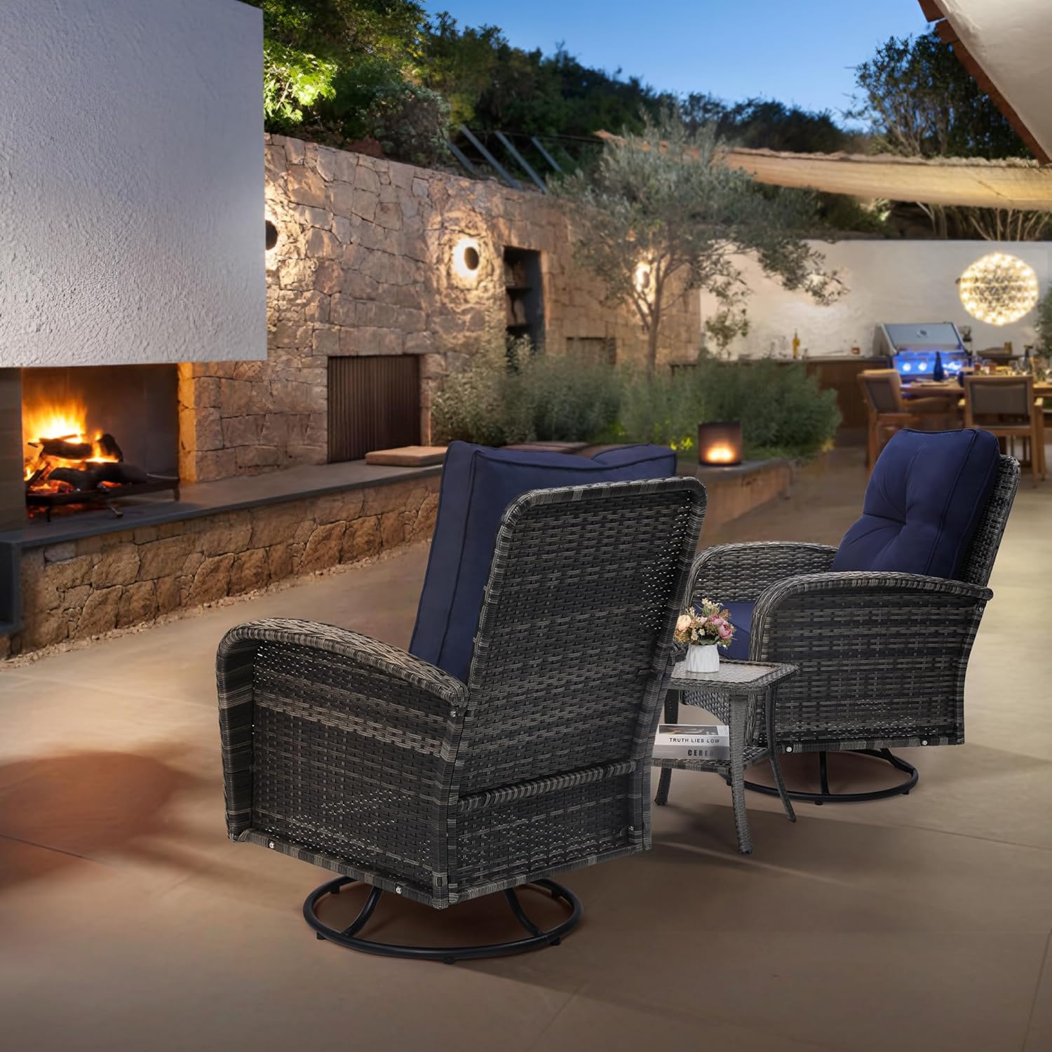 wildformers Luxury Outdoor Swivel Wicker Glider Patio Chairs with Table Set, Overstuffed Washable Cushions, Ideal for Porch, Balcony, Deck, Grey Rattan and Blue Cushion