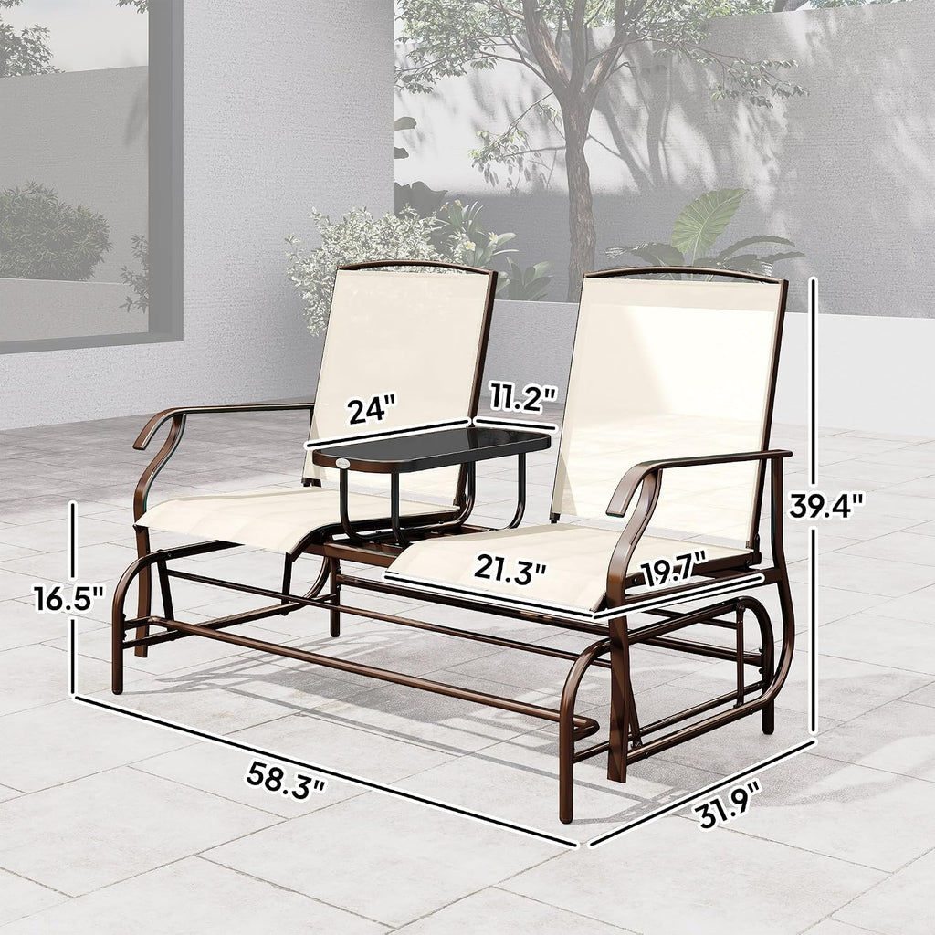 Outsunny Outdoor Glider Bench with Center Table, Metal Frame Patio Loveseat with Breathable Mesh Fabric and Armrests for Backyard Garden Porch, Beige