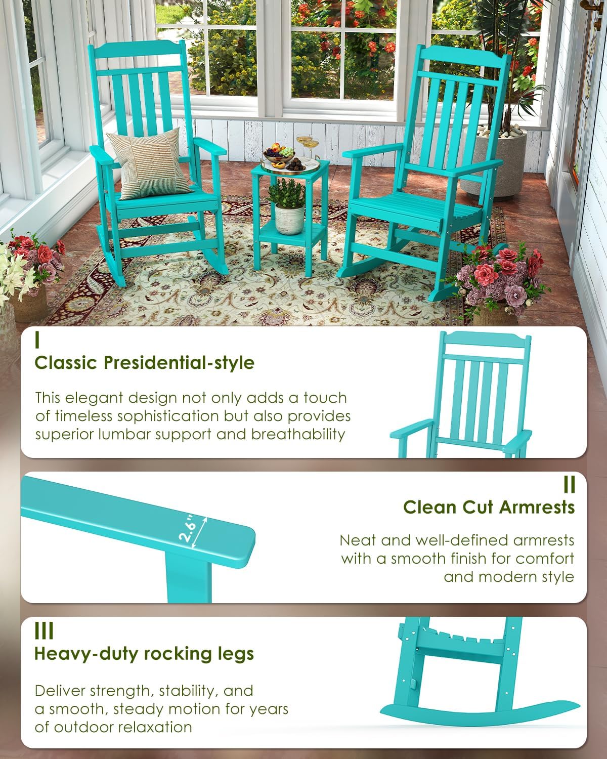 GREENVINES Outdoor-Rocking-Chair | HDPE Plastic | Patio Rockers | Porch Rocker Chairs | Oversized | High Back | Big & Tall | Aqua