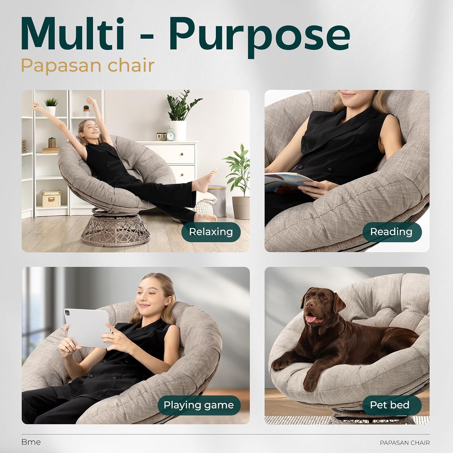 Bme 40' Ergonomic Wicker Papasan Chair with Soft Thick Density Fabric Cushion, High Capacity Steel Frame, 360 Degree Swivel for Living, Bedroom, Reading Room, Lounge, Silver Cloud - Brown Base