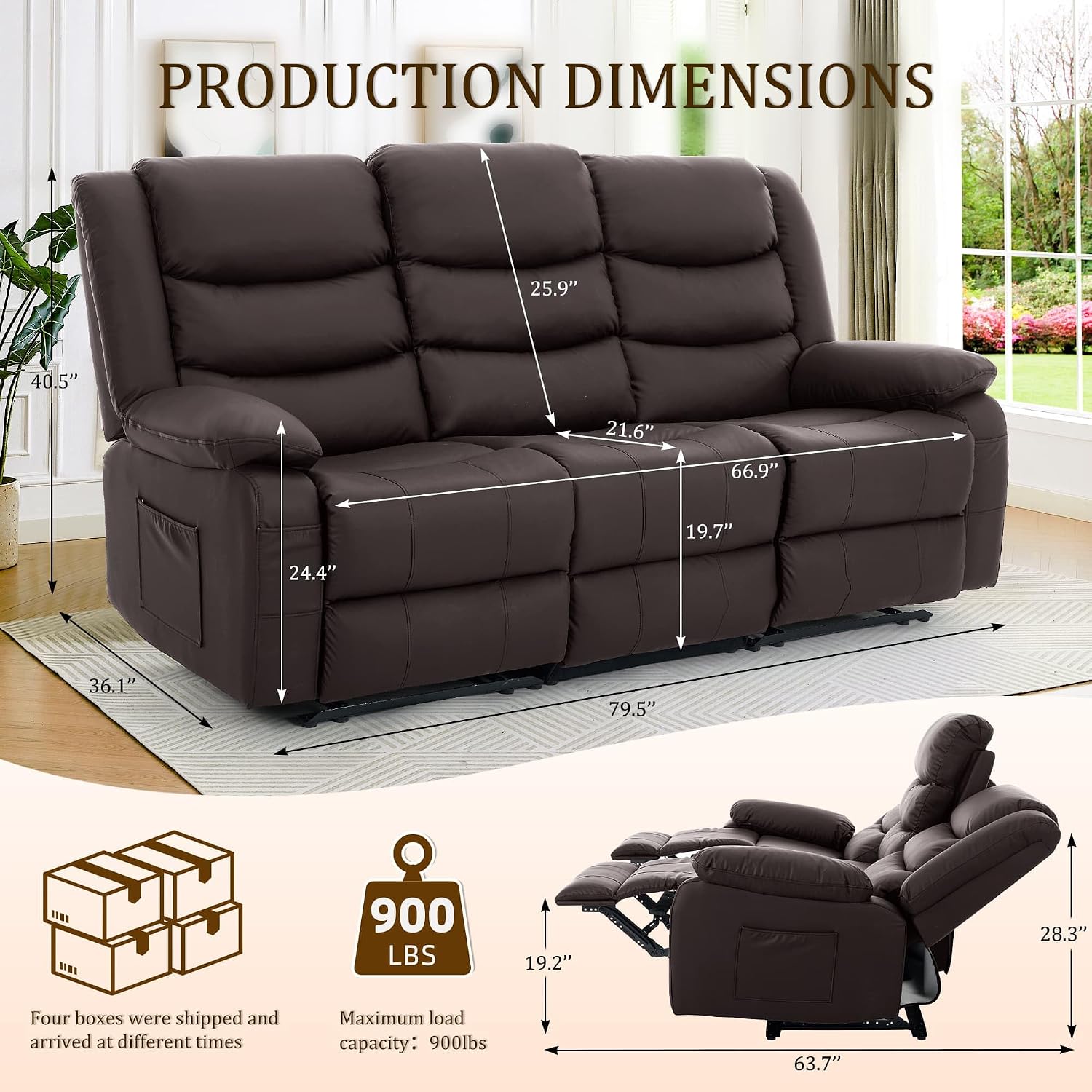 Korser Recliner Sofa, Reclining Loveseat with Console, Oversized Reclining Couch with Drop Down Table, 3-Seater Sofa with Cup Holder and Recessed Power Strip, Brown