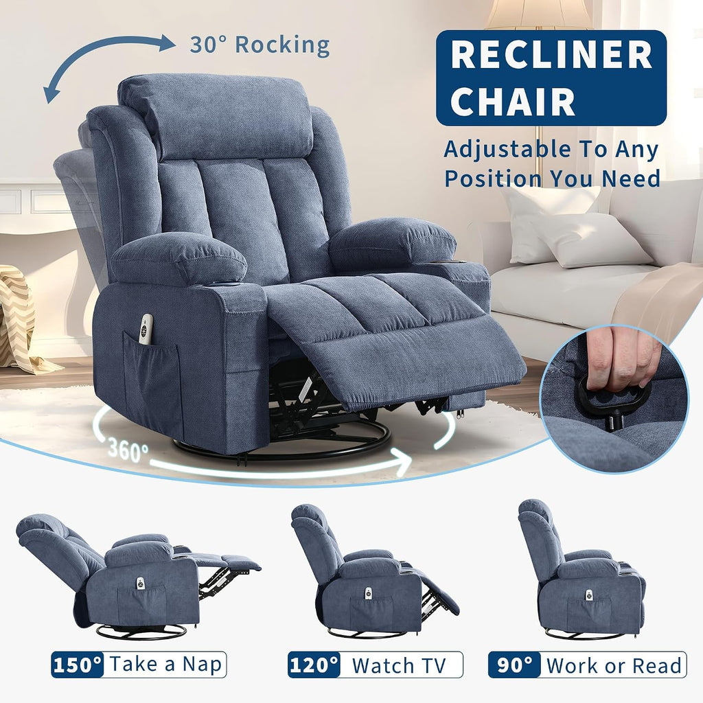 Oversized Swivel Rocker Recliner Chair with Heat & Massage, 3-Position Adjustable Nursery Recliner for Adults, Dual Cup Holders, Side Pockets, USB Charging Ports Blue