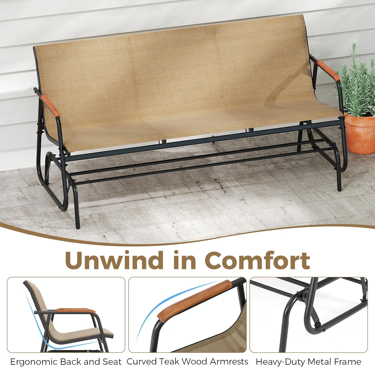 Tangkula 3-Person Outdoor Glider Bench, Patio Gliding Loveseat with Breathable Fabric Seat, Curved Teak Wood Armrests and Metal Frame, Swing Rocking Chair for Backyard, Garden, Porch, Balcony (3 Seat)