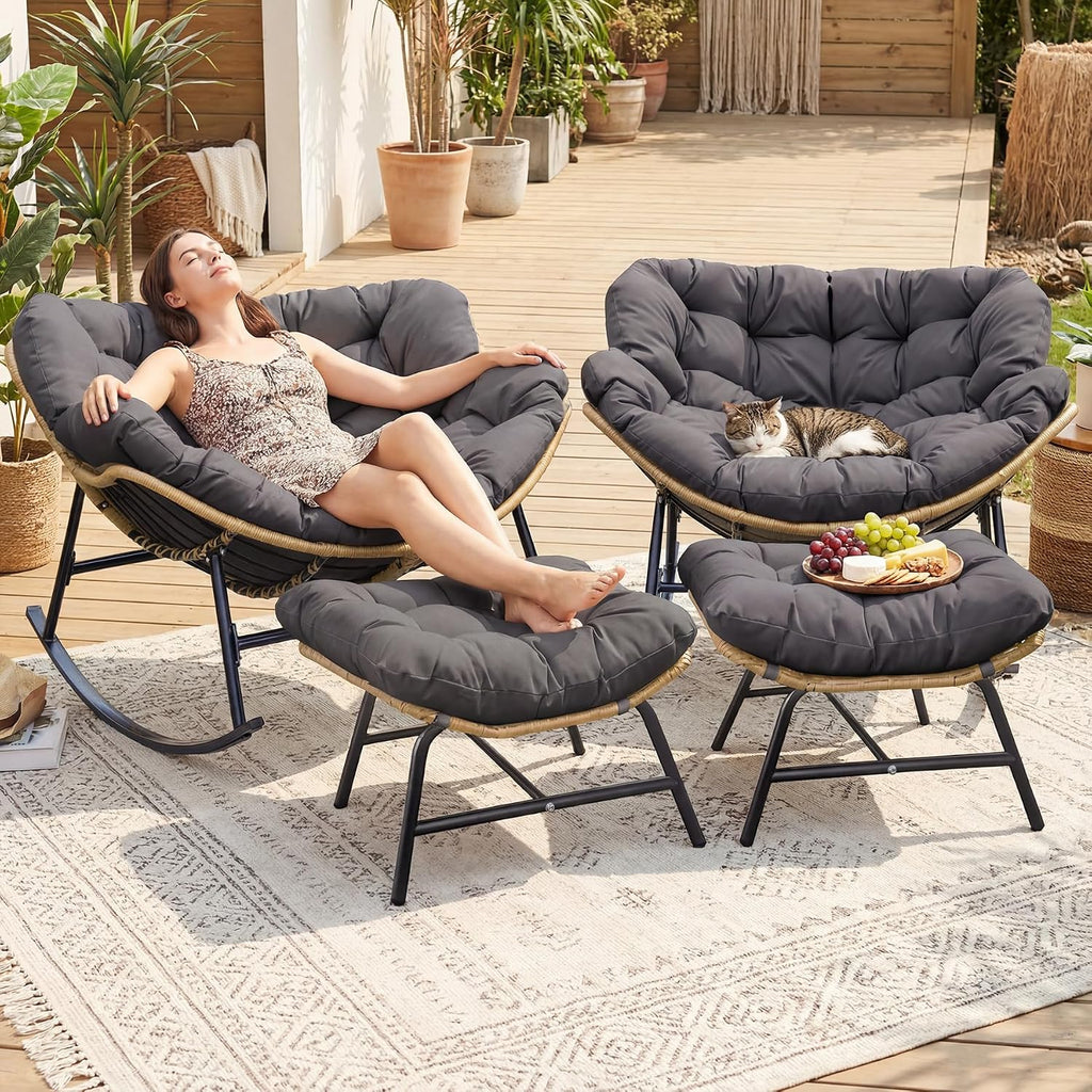 FINCATI Patio Papasan Rocking Chair with Ottoman Set of 2, Outdoor Indoor Egg Chair with Footrests and Cushion, 450 lbs Heavy Duty Comfy Rattan Rocker for Balcony Backyard Bedroom Lawn Grey