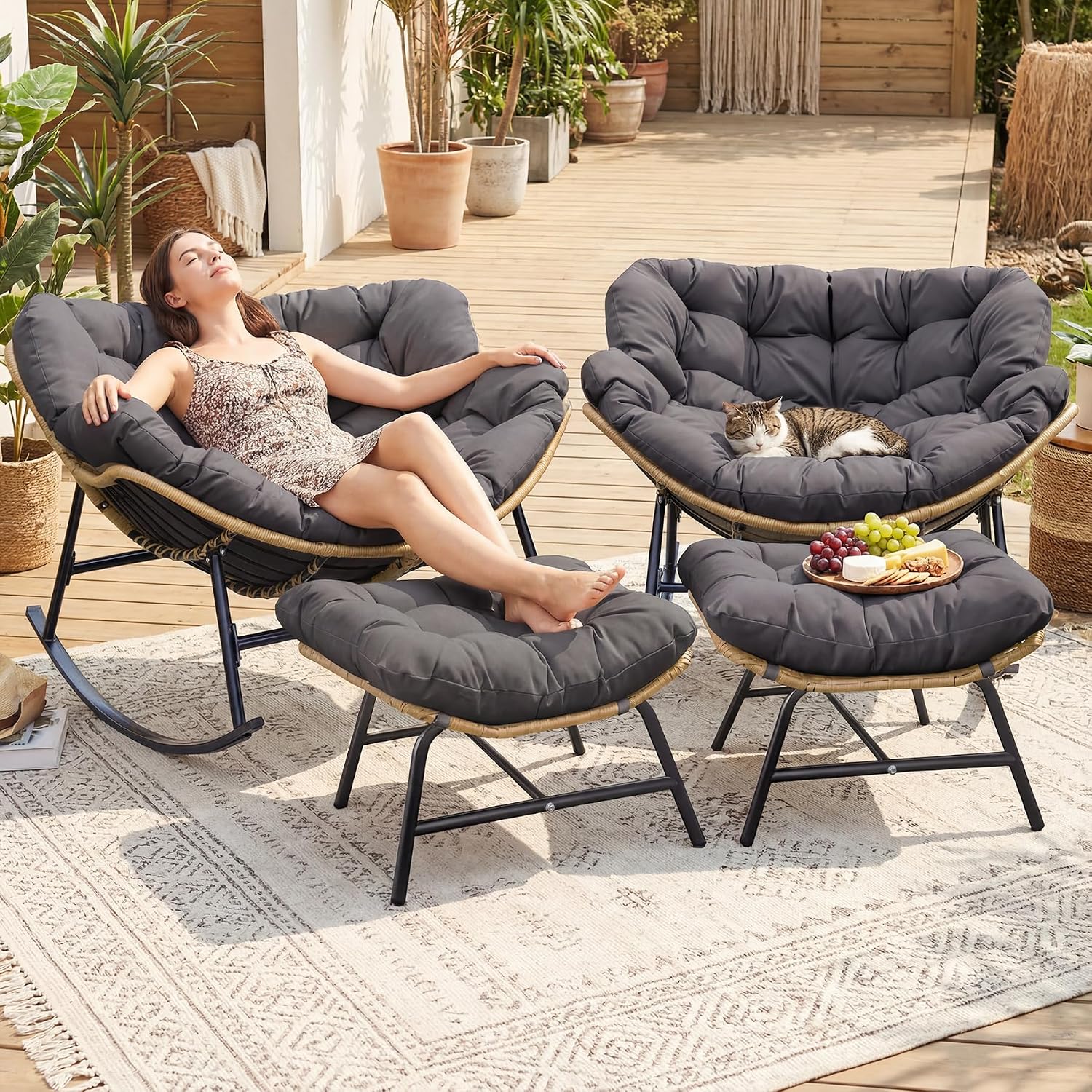 FINCATI Patio Papasan Rocking Chair with Ottoman Set of 2, Outdoor Indoor Egg Chair with Footrests and Cushion, 450 lbs Heavy Duty Comfy Rattan Rocker for Balcony Backyard Bedroom Lawn Grey