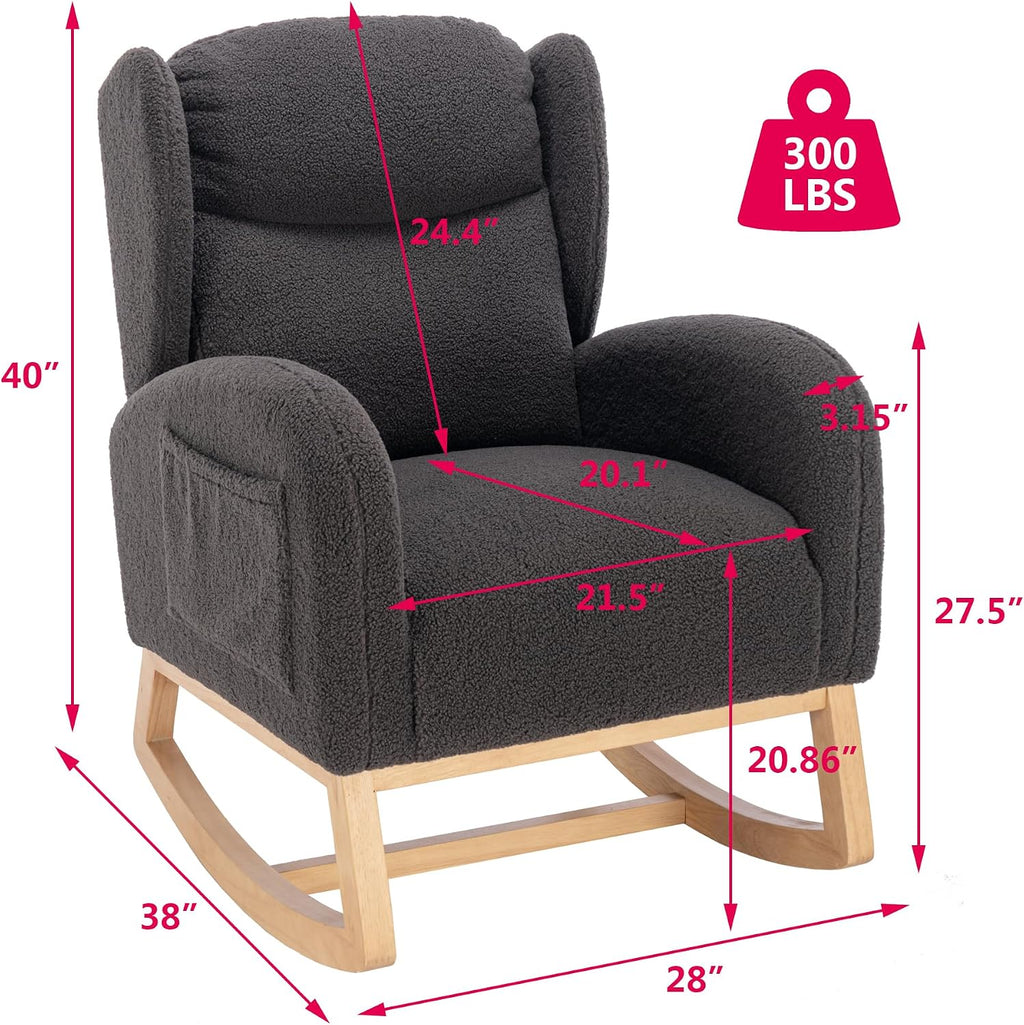 Setawix Teddy Rocking Glider Chair for Nursery,Upholstered Living Room Rocker Arm Chair,Leisure Sherpa Wingback Armchair,Mid Century Modern Rocking Accent Chair with Side Pockets (Wingback Dark Grey)