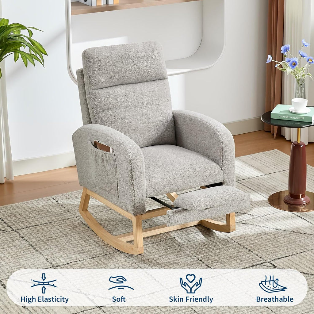 Teddy Fabric Nursery Rocking Chair with Adjustable Footrest, Two Side Pockets & Solid Wooden Legs - High Backrest Comfortable Lounge Armchair for Nursery, Living Room, Bedroom,Gray.