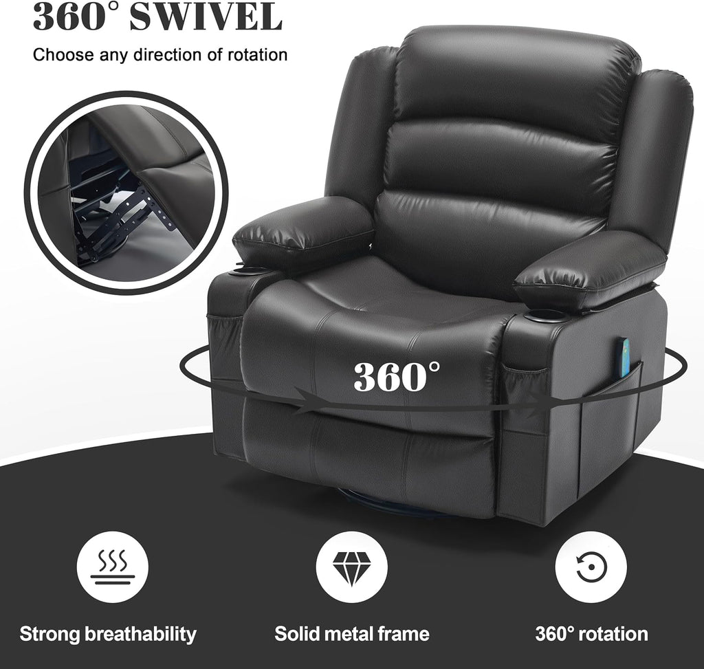 Oversized Nursery Rocking Chairs with Heat and Massage, 360° Swivel Recliner Chair for Adults, Recliner Single Sofa Seat with Cup Holders, Lazy Boy Recliner Single Sofa (Oversized Manual, Black)