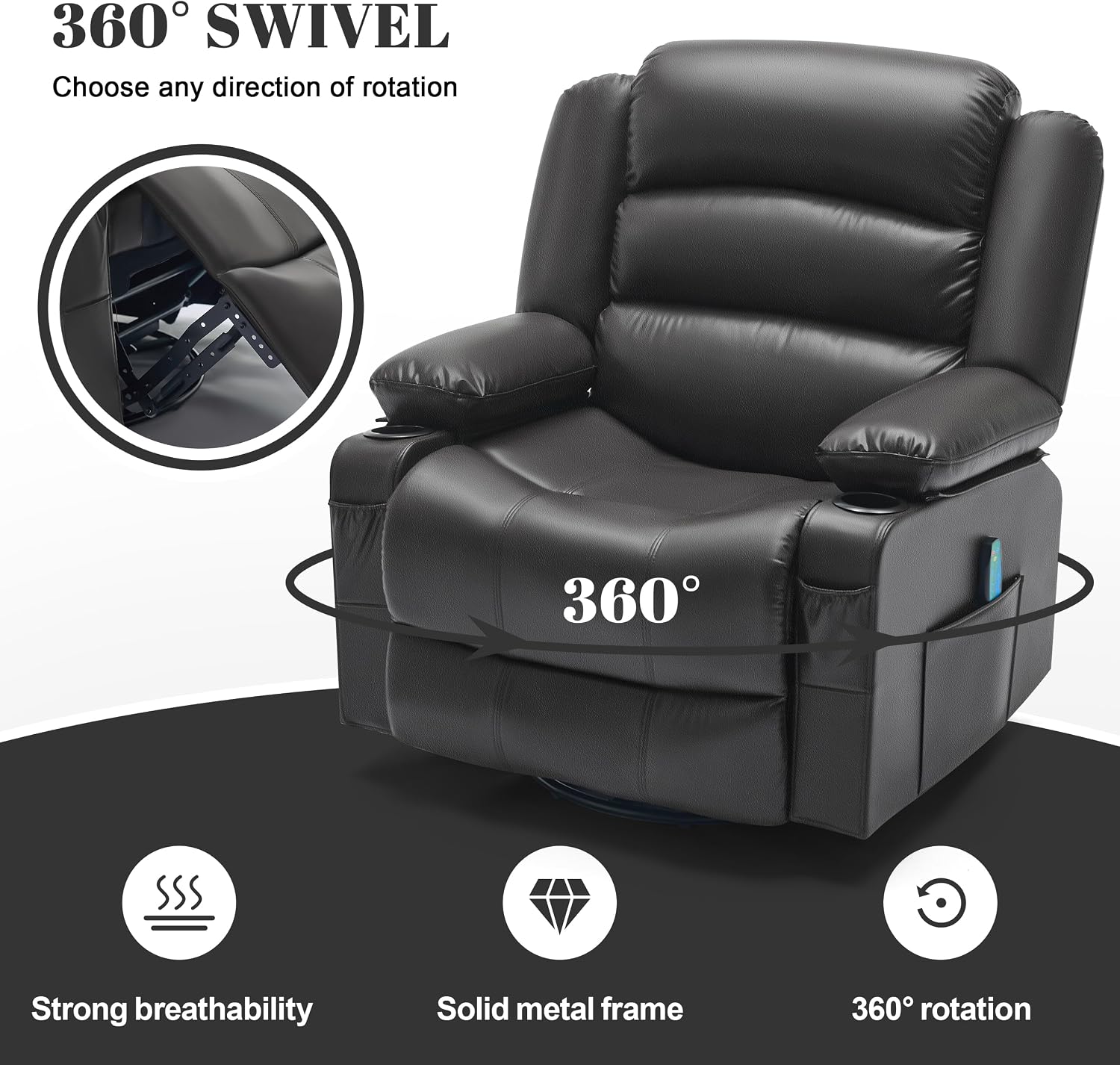 Oversized Nursery Rocking Chairs with Heat and Massage, 360° Swivel Recliner Chair for Adults, Recliner Single Sofa Seat with Cup Holders, Lazy Boy Recliner Single Sofa (Oversized Manual, Black)