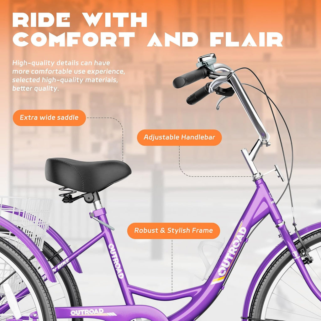 Max4out Adult Tricycle with Large Basket 24/26 Inch, Stable 3 Wheel Cruise Bicycle for Shopping, Beach and City Trike Perfect for Men, Women, Seniors（Blue/Purple/Red）
