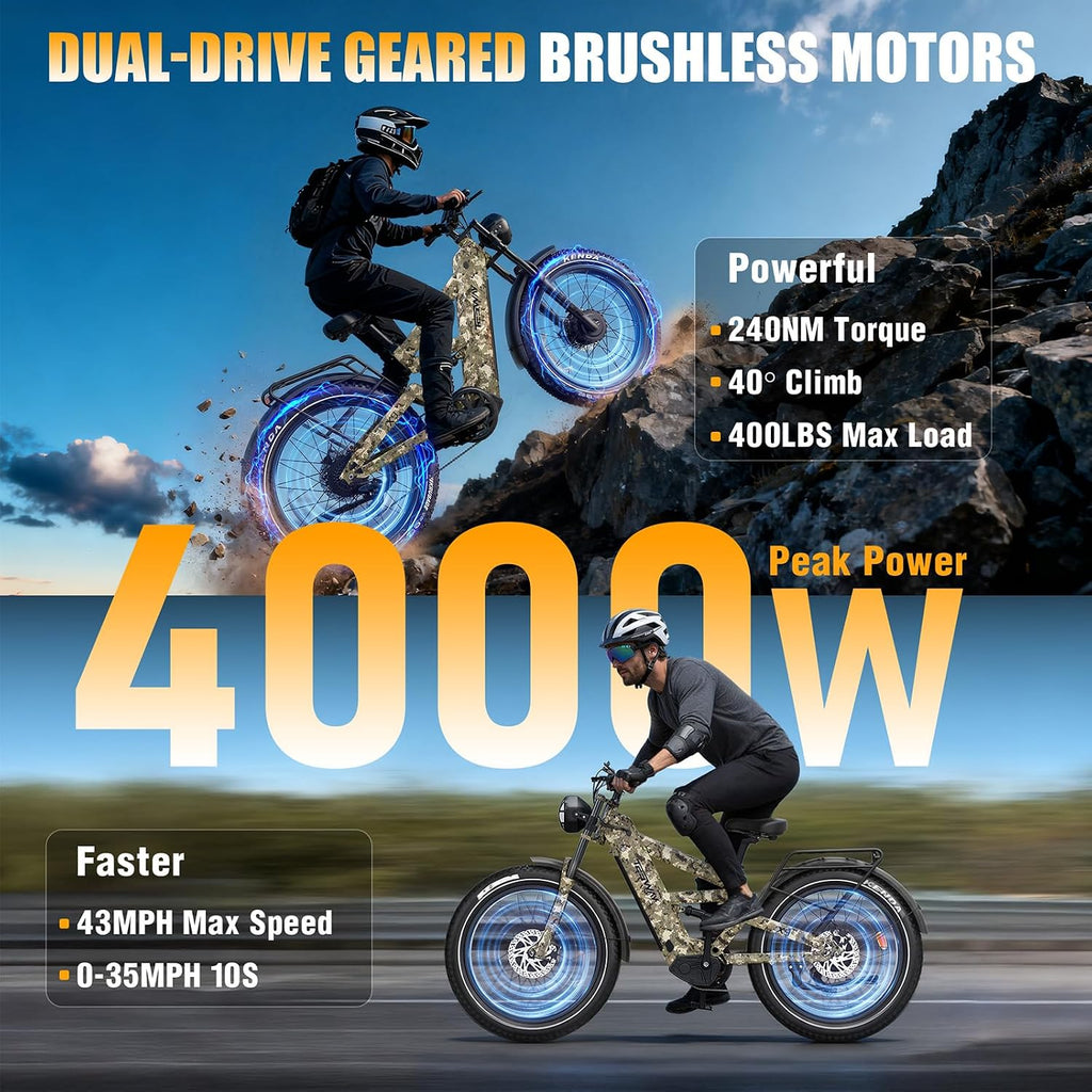 TESWAY X9 Ultra Dual Motor Ebike, 26' Fat Tire Full Suspension AWD Electric Bike for Adults, 4000W 43MPH 240NM, 60V 30Ah(Camo)/25Ah(Other) 120 Miles Long Rang