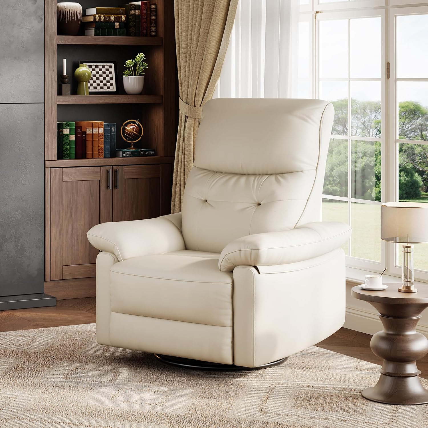 Garvee Power Recliner Chair with 270° Swivel and Rocking, Electric Glider Nursery Chair with USB Charging Port, PU Leather Upholstery and Button Tufted Backrest for Living Room, Cream