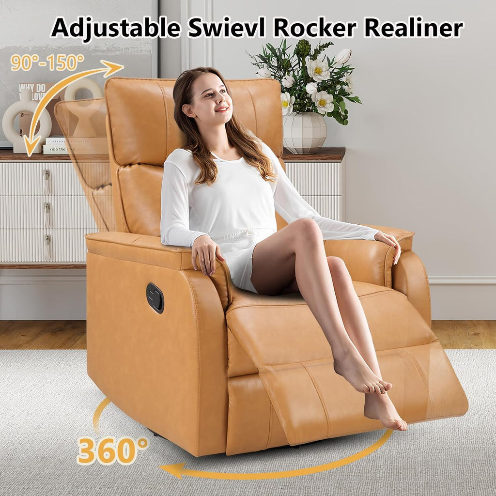 ANJ Manual Recliner Chair, Swivel Rocker Chair for Adults，Glider Recliner Nursery Chair,Faux Leather Lazy Boy Reclining Chairs for Living Room, Bedroom, Home Office