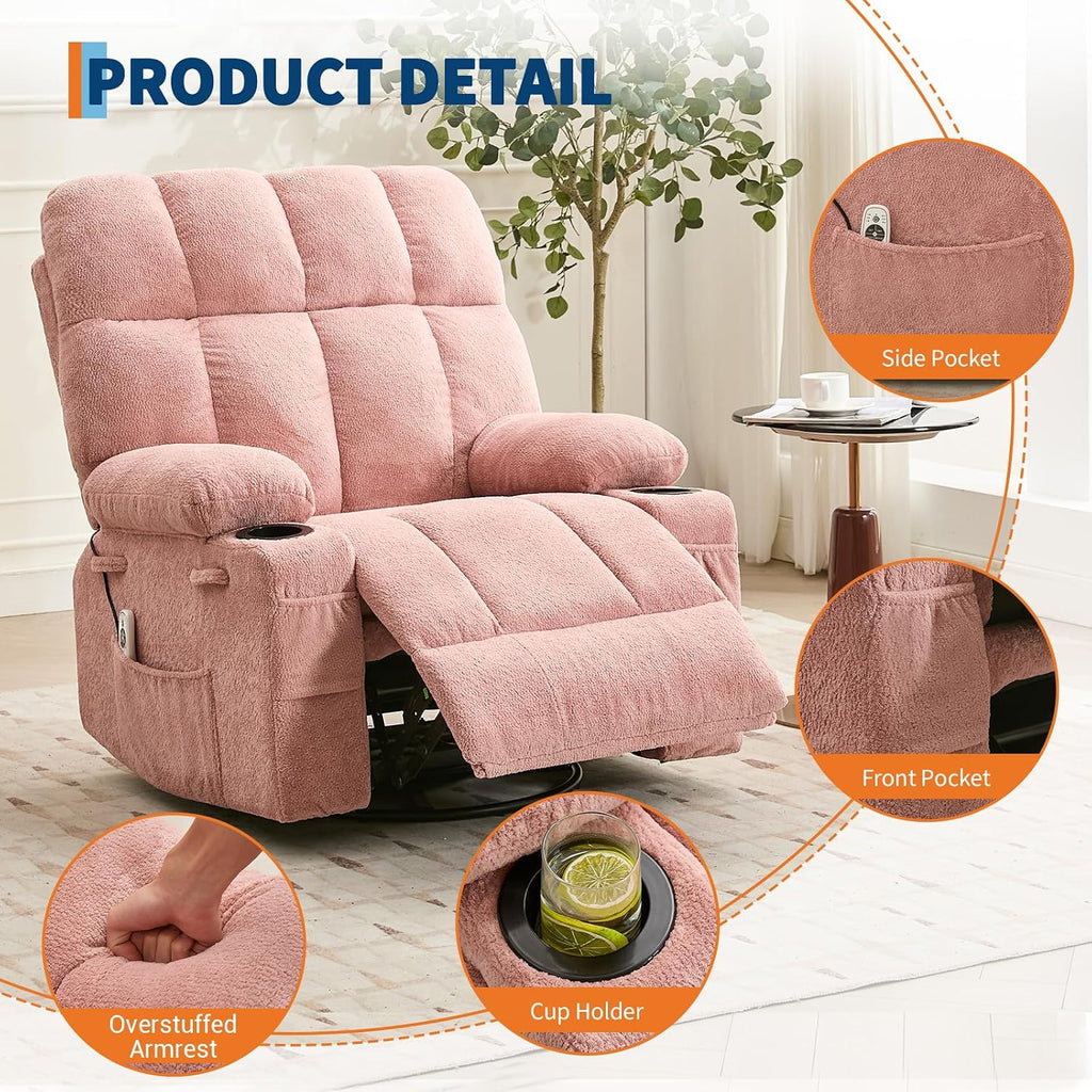 IDEALHOUSE Rocking Recliner Chair with Heat, 38.5' Oversized Swivel Rocker Recliner with Massage, Side Pockets & Cup Holders, Reclining Sofa for Living Room, Bedroom (Pink, Linen)