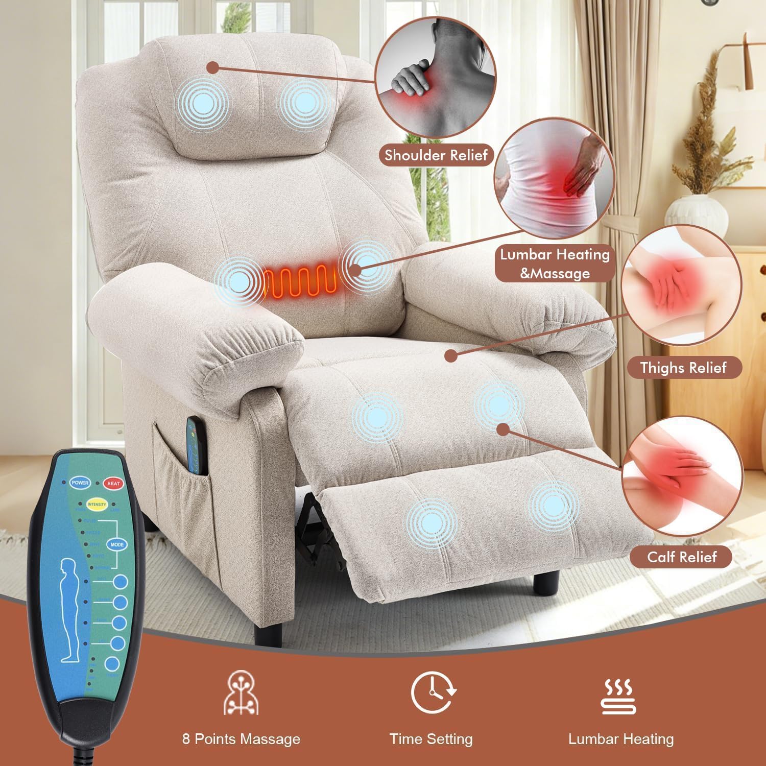 Overstuffed Push Back Recliner Chair for Living Room, Mid Century Fabric Heated Massaging Reclining Chair Small Manual Recliner Chair with Heat and Massage, White