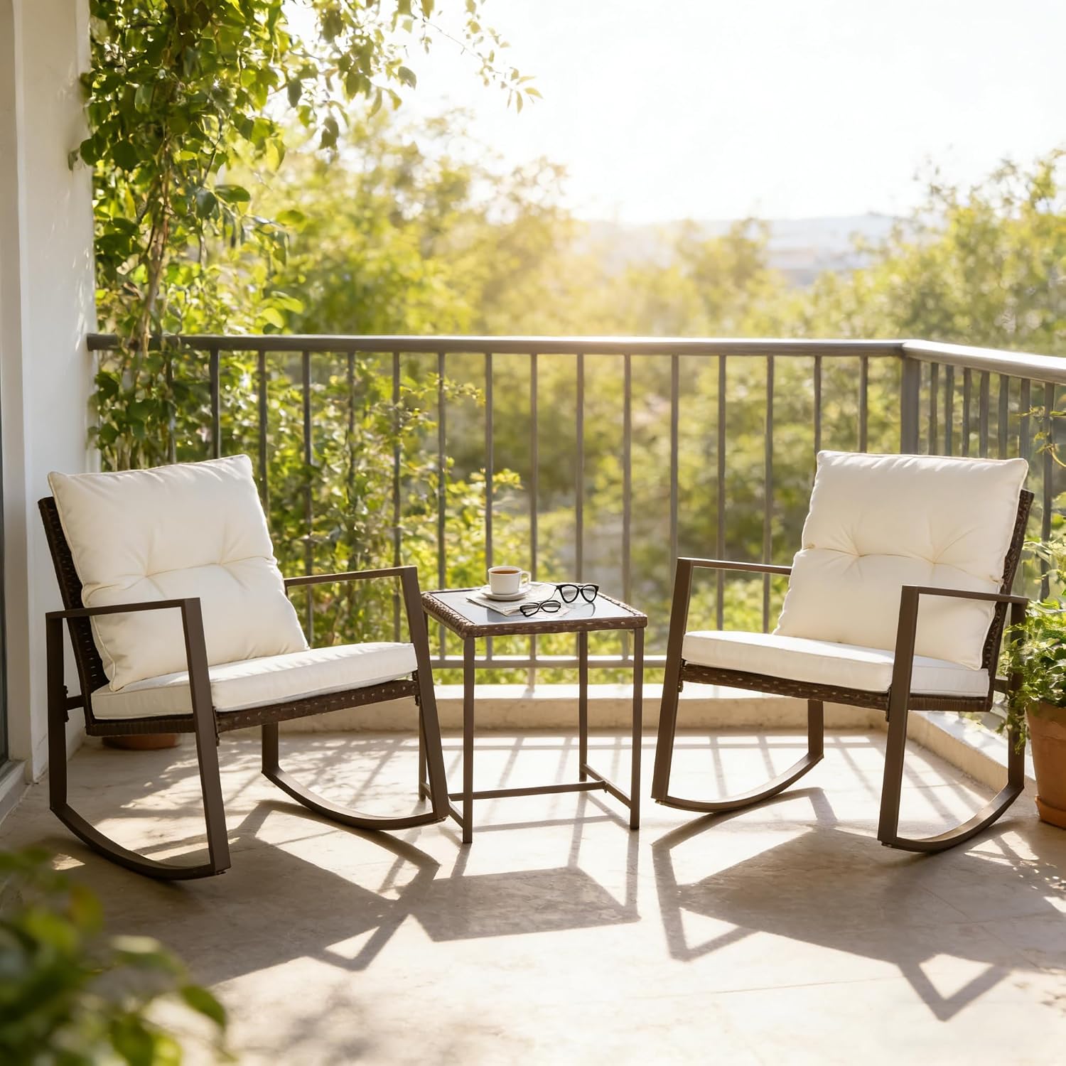 SUNCROWN 3-Piece Patio Bistro Set Outdoor Rocking Chairs Set Brown Wicker Porch Chairs with Glass Coffee Table, Beige Cushion