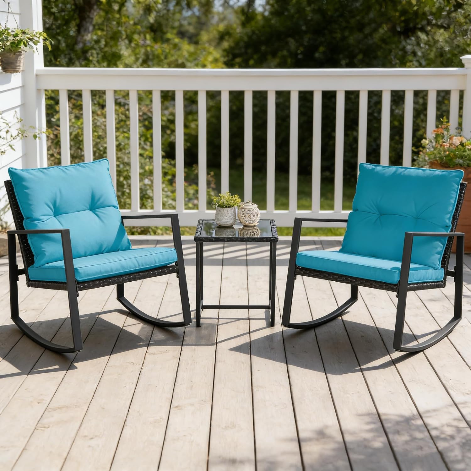 SUNCROWN 3 Piece Outdoor Rocking Bistro Set Black Wicker Furniture Porch Chairs Conversation Sets with Glass Coffee Table, Light Blue